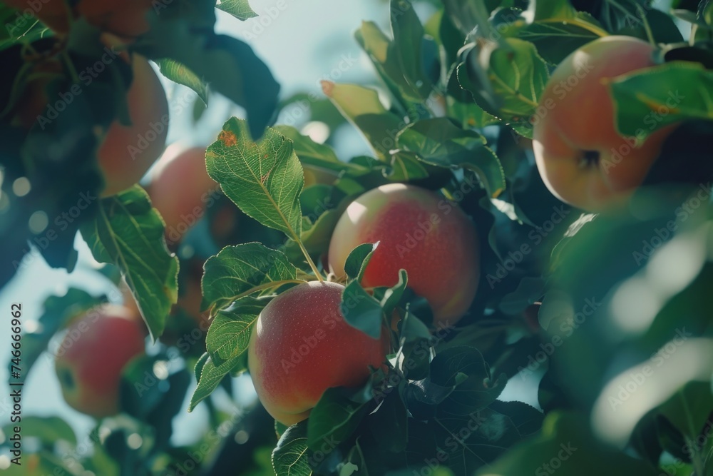Poster fresh red apples hanging from a tree, perfect for food and nature concepts