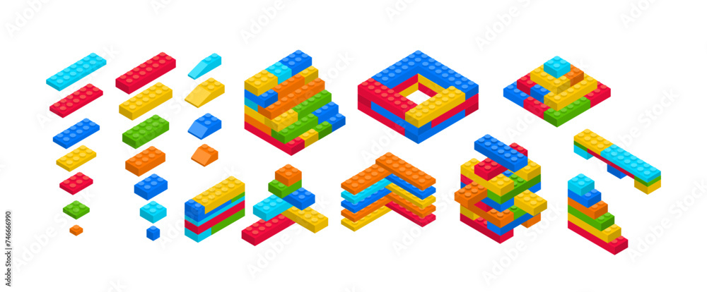 Canvas Prints Color Brick Block Building Toys Set Isolated on White Background. Vector illustration of Education Game Elements