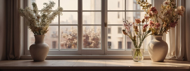Soft studio scene. Beige background for presenting products. Window shadows, flowers, leaves. Customizable D environment
