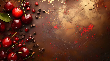 Cherries and chocolates on a golden dark background. With copy space. Food, culinary arts, and advertisement. For desing, background, poster, banner, flaey