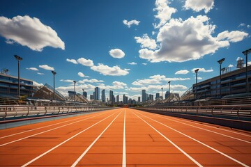 a stadium running track on a bright sunny day, in the style of photo-realistic landscapes, minimalist sets, photobashing, outrun, tonalist - obrazy, fototapety, plakaty