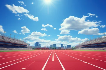 Gardinen a stadium running track on a bright sunny day, in the style of photo-realistic landscapes, minimalist sets, photobashing, outrun, tonalist © Smilego