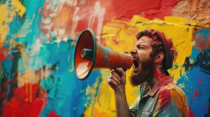 A man holding a megaphone standing in front of a colorful wall. Ideal for advertising or activism concepts