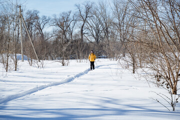 Person in snowy field surrounded by trees and twigs under clear sky