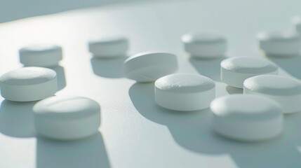 Obraz na płótnie Canvas White pills neatly arranged on a table, suitable for medical or healthcare concepts