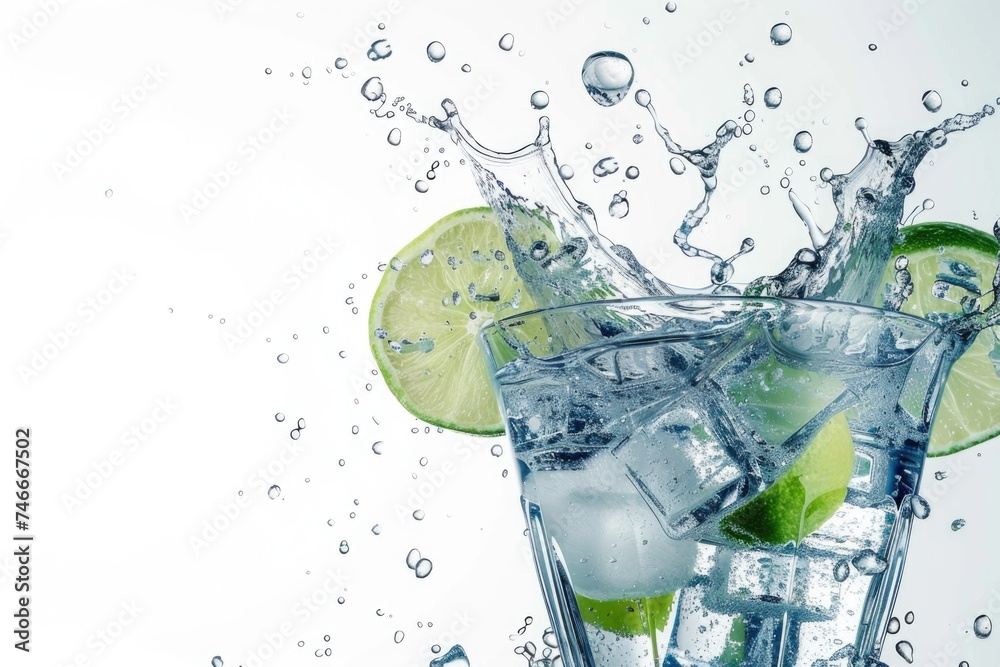Poster a glass of water with lime slices and ice cubes. perfect for summer refreshment