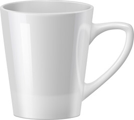 Realistic white ceramic coffee mug and tea cup, tableware mockup. Isolated 3d vector sleek porcelain mug with a handle and glossy finish. Its stylish tapered shape perfect for daily caffeine ritual