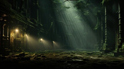 a sunbeam illuminating a path through the dark forest, in the style of dark green and dark beige, captivating light