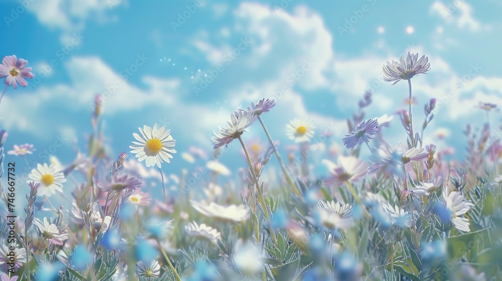 Poster beautiful field of flowers with a clear blue sky in the background. ideal for spring or nature conce