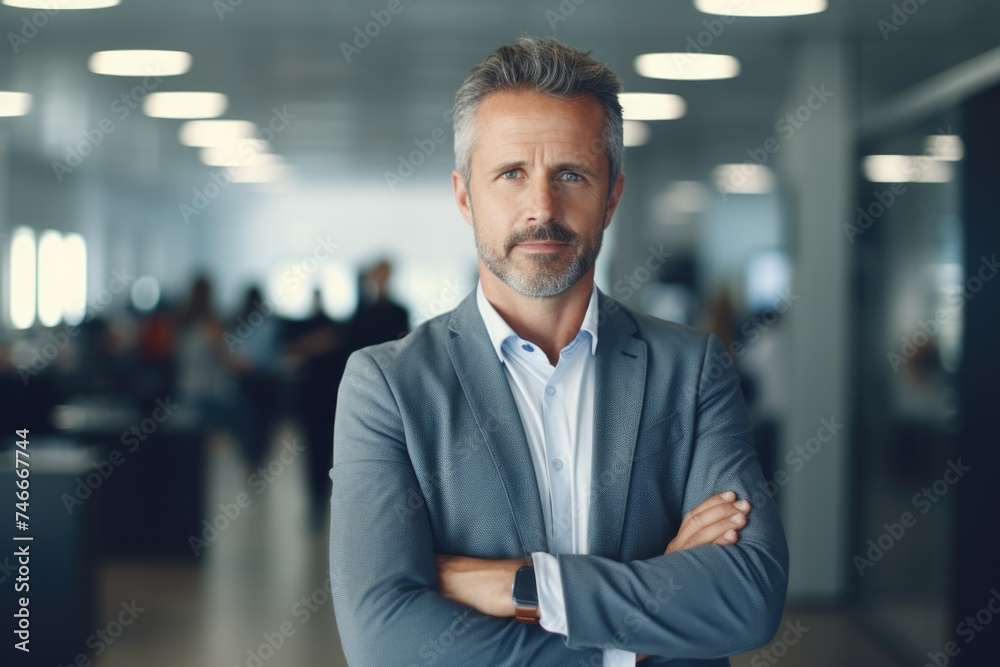 Poster a man in a suit standing with his arms crossed. suitable for business and professional concepts