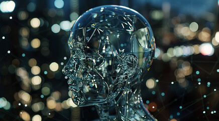Futuristic Glass Human Skull with Network Connections