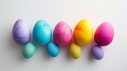 A collection of Easter eggs with smooth gradient coloring arranged in a line on a white backdrop, showcasing artistic dye techniques.