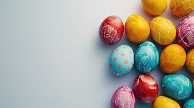 Scattered across a bright white surface, a vibrant collection of intricately decorated Easter eggs symbolizes festive springtime traditions, adding a burst of color and joy to the scene.