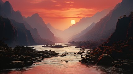 a sunrise over a mountain range looking downward, in the style of soft mist, light crimson and orange, romantic scenes, landscapes