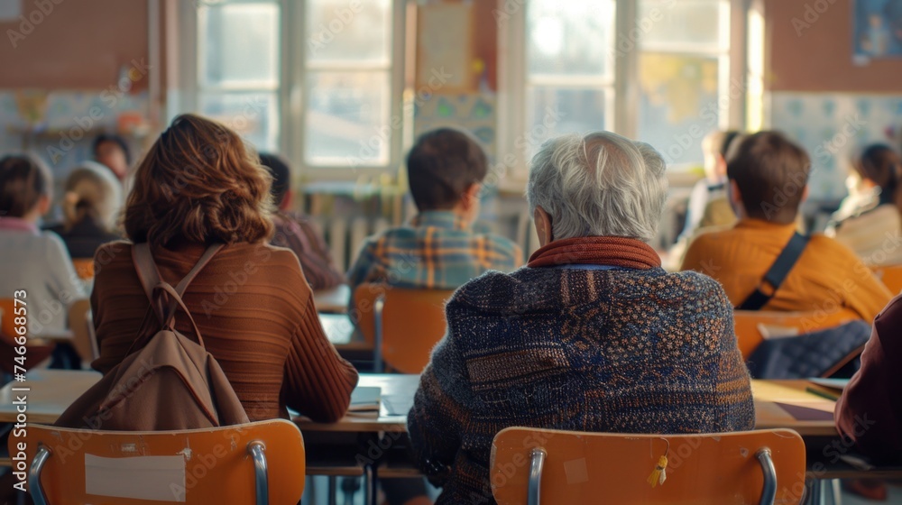 Poster a group of people sitting at tables in a classroom. suitable for educational or business concepts