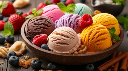 Various ice cream scoops in bowls over black stone background. Top view with copy space