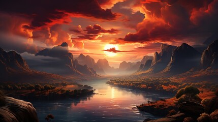 a sunrise over mountains with clouds and clouds surrounding it, in the style of light orange and light crimson, 32k uhd, landscapes, mist, romantic: dramatic landscapes, flowing silhouettes, naturecor - obrazy, fototapety, plakaty