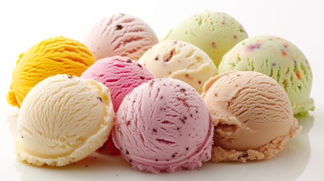 Various ice cream scoops on  white background. Top view with copy space