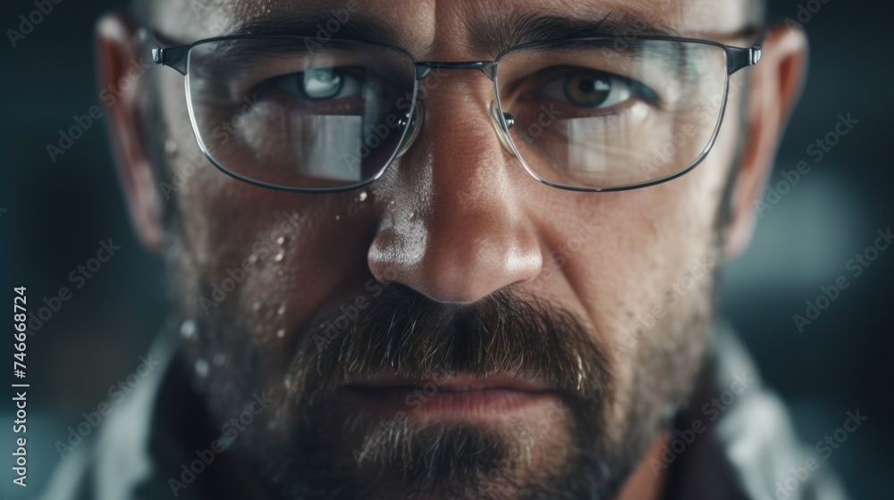 Poster close up of a man wearing glasses and sporting a beard, suitable for various business or casual conc