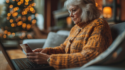 The danger of scammers tricking elderly people into filling out credit cards, Elderly people shopping online, Elderly person holding a credit card. - obrazy, fototapety, plakaty