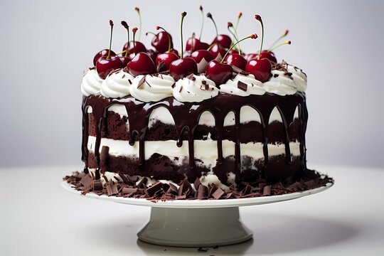 A macro image highlighting the delectable details of a black forest birthday cake, set against an immaculate white surface, promising a delightful celebration.