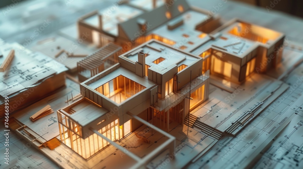 Poster house model placed on top of a blueprint, suitable for architectural and construction concepts