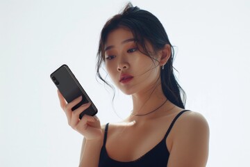 Fototapeta premium A woman in a black top holding a cell phone. Perfect for technology concepts