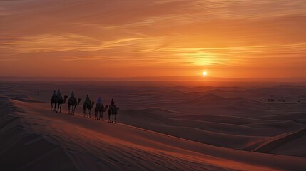 Fototapeta na wymiar A caravan with bedouins and camels on sand dunes in the Thar desert, creating a magical atmosphere.