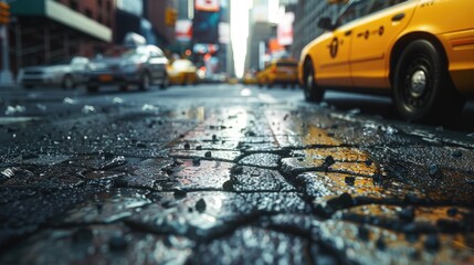 A yellow taxi cab driving down a wet street. Suitable for transportation concepts - obrazy, fototapety, plakaty