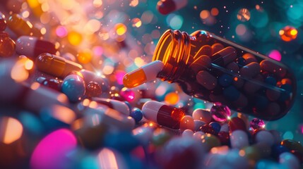 Colorful pills spilling out of a bottle on a colorful background. - obrazy, fototapety, plakaty