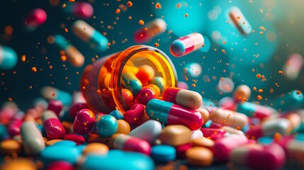 Colorful pills spilling out of a bottle on a colorful background. - obrazy, fototapety, plakaty