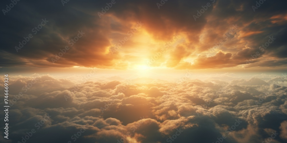 Poster a stunning view of the sun setting over the clouds. perfect for nature and travel concepts
