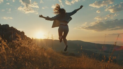 A woman joyfully jumping in the air on top of a hill. Suitable for outdoor and active lifestyle concepts - obrazy, fototapety, plakaty