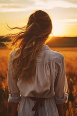 A serene image of a woman standing in a field at sunset. Perfect for nature and outdoor themes
