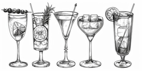 Various types of cocktail glasses in a line drawing style. Perfect for menu design or bar posters