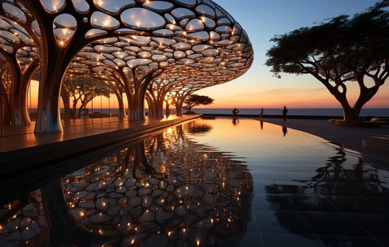 a swimming pool with a sunset view, in the style of mirrored, calm seas and skies, sopheap pich, iconic