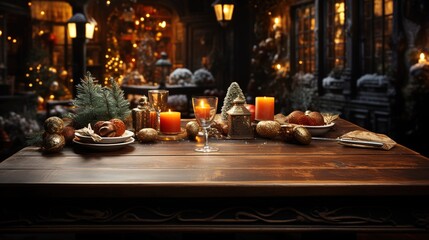 Fototapeta na wymiar a table over a christmas tree and lights, in the style of photo-realistic hyperbole, wood, dark brown and light amber, spectacular backdrops, realistic
