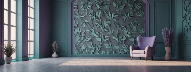 Subtle teal backdrop. Stylish lavender studio for product presentation. Open room with window shadows and leafy patterns. D setting with text.  - obrazy, fototapety, plakaty