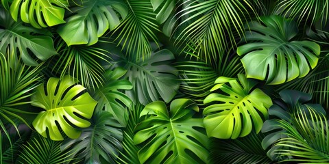 Vibrant green tropical leaves on a contrasting black background. Perfect for nature or botanical themed designs