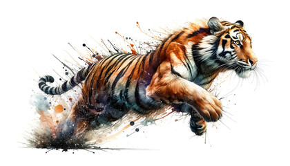 Dynamic watercolor painting of a tiger in motion, AI-generated.