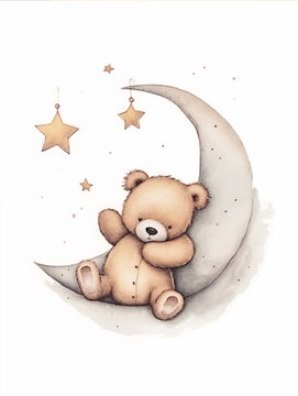 Sleepy Teddy Bear Sitting on a Crescent Moon with Hanging Stars.