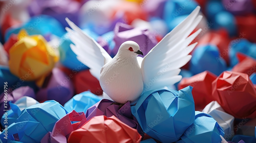 Poster A white bird sitting on top of a pile of paper flowers. Suitable for various design projects