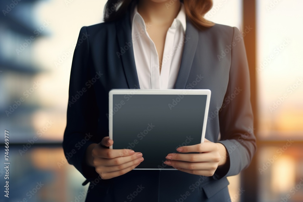 Aufkleber a woman in a business suit holding a tablet computer. ideal for business and technology concepts