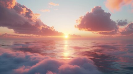 Golden Sunset Over Tranquil Sea, serene seascape as the sun dips below the horizon, casting a warm glow over the smooth waters and scattering light through wispy clouds - obrazy, fototapety, plakaty