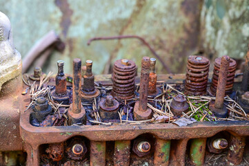 Engine of Old cars in wild nature on the Kyrko Mosse Car Cemetery, former junkyard, in the forest,...