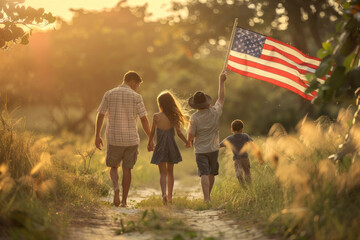 A family walks together, a child waves the US flag in Memorial Day - obrazy, fototapety, plakaty