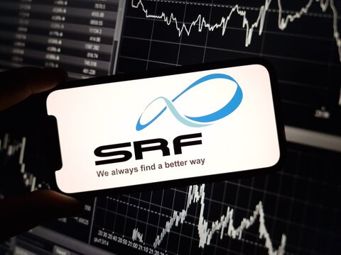 Konskie, Poland - February 24, 2024: SRF Limited company logo displayed on mobile phone
