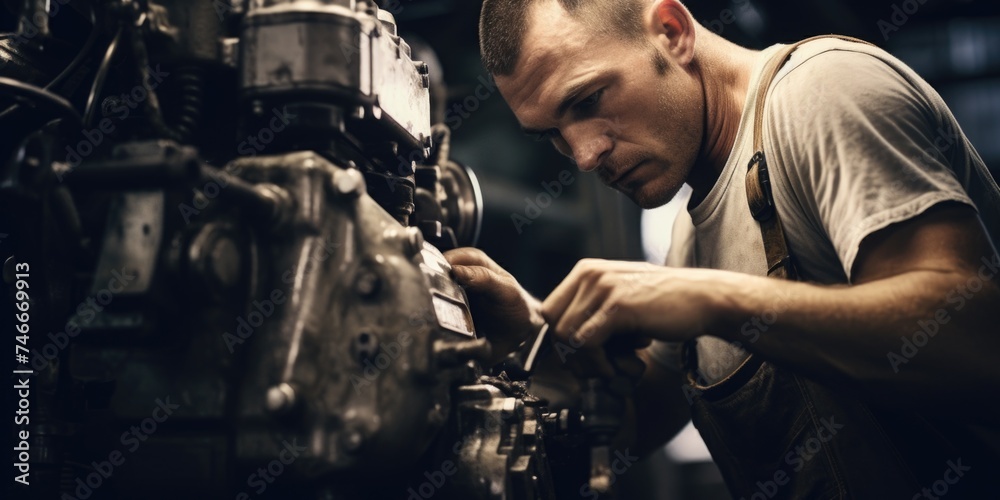 Poster A man working on a machine in a factory. Suitable for industrial concepts