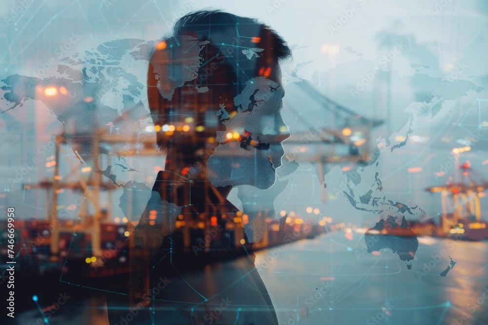 Poster a man standing in front of a detailed world map, suitable for educational and travel concepts
