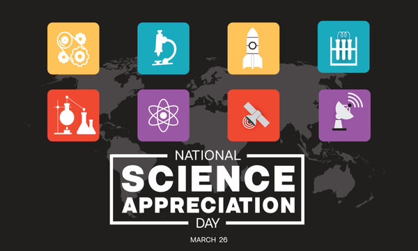 National Science Appreciation Day design. It features several science icon such as chemistry, engineering, communication and rocket. Vector illustration